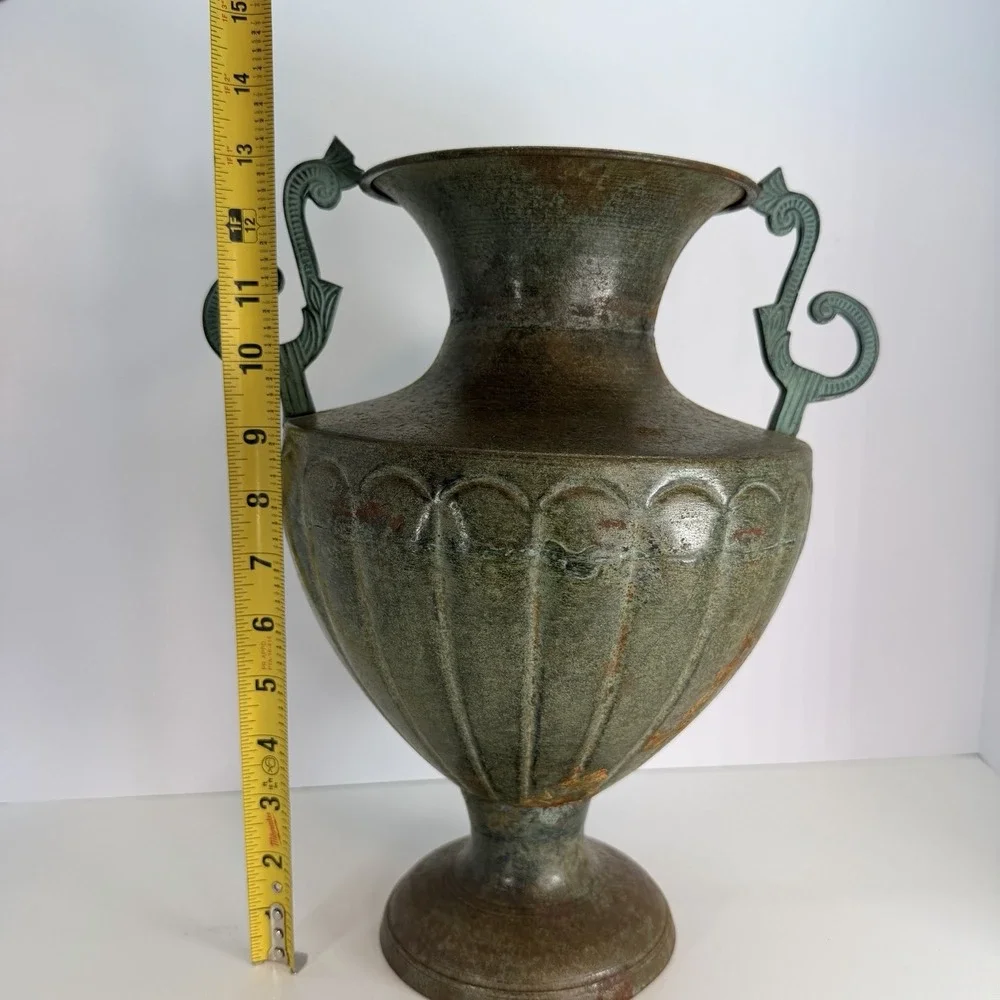 Bronze Tone Metal Urn Jardiniere Vase Handles Pedestal VTG Neoclassical Style‎